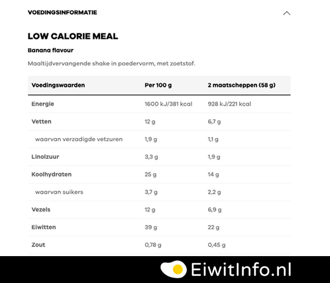 low calorie meal label